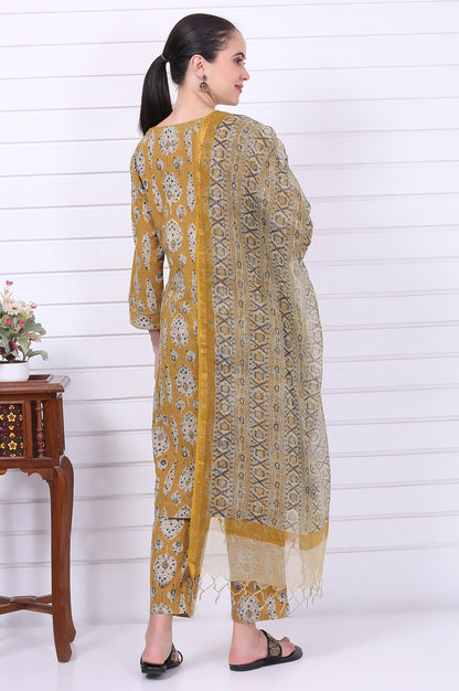 Yellow Kalamkari Printed Mirror Work Straight Pure Cotton Kurta, Pants and Dupatta Set