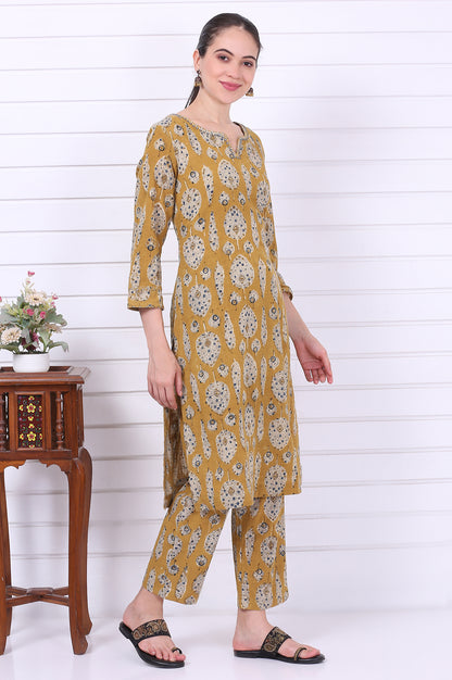 Yellow Kalamkari Printed Mirror Work Straight Pure Cotton Kurta, Pants and Dupatta Set