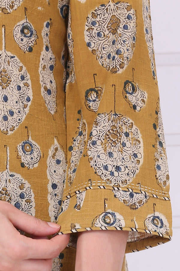 Yellow Kalamkari Printed Mirror Work Straight Pure Cotton Kurta, Pants and Dupatta Set