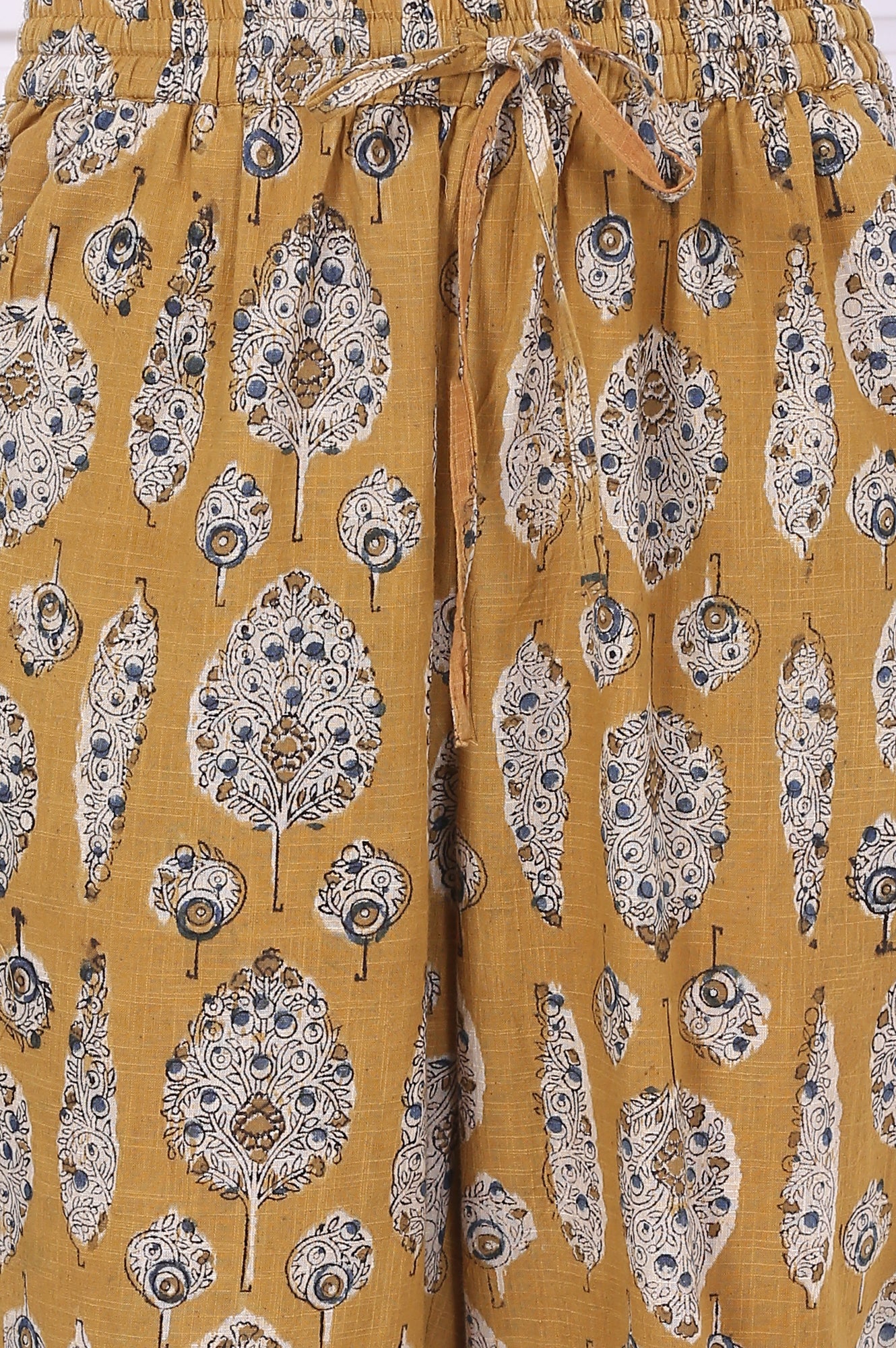 Yellow Kalamkari Printed Mirror Work Straight Pure Cotton Kurta, Pants and Dupatta Set