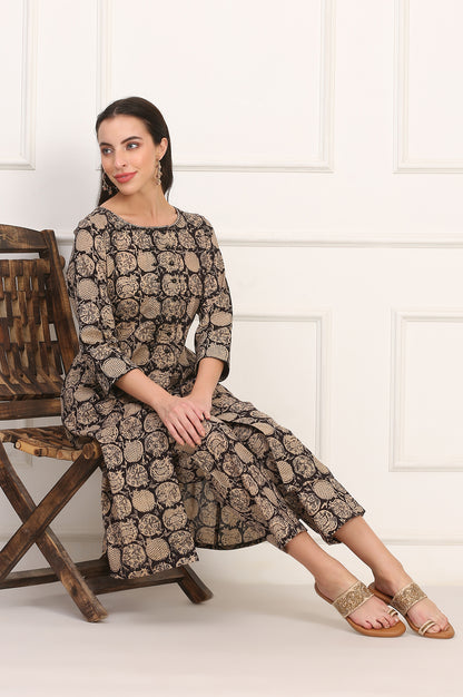 Black Kalamkari Printed Pure Cotton A-Line Kurta and Pants Co-ord Set