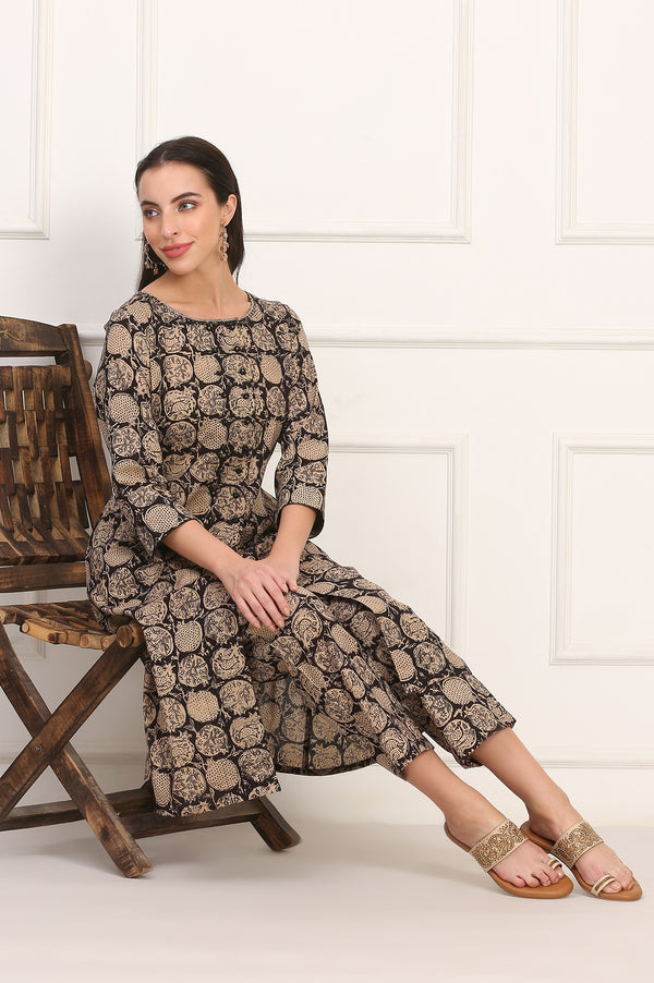 Black Kalamkari Printed Pure Cotton A-Line Kurta and Pants Co-ord Set