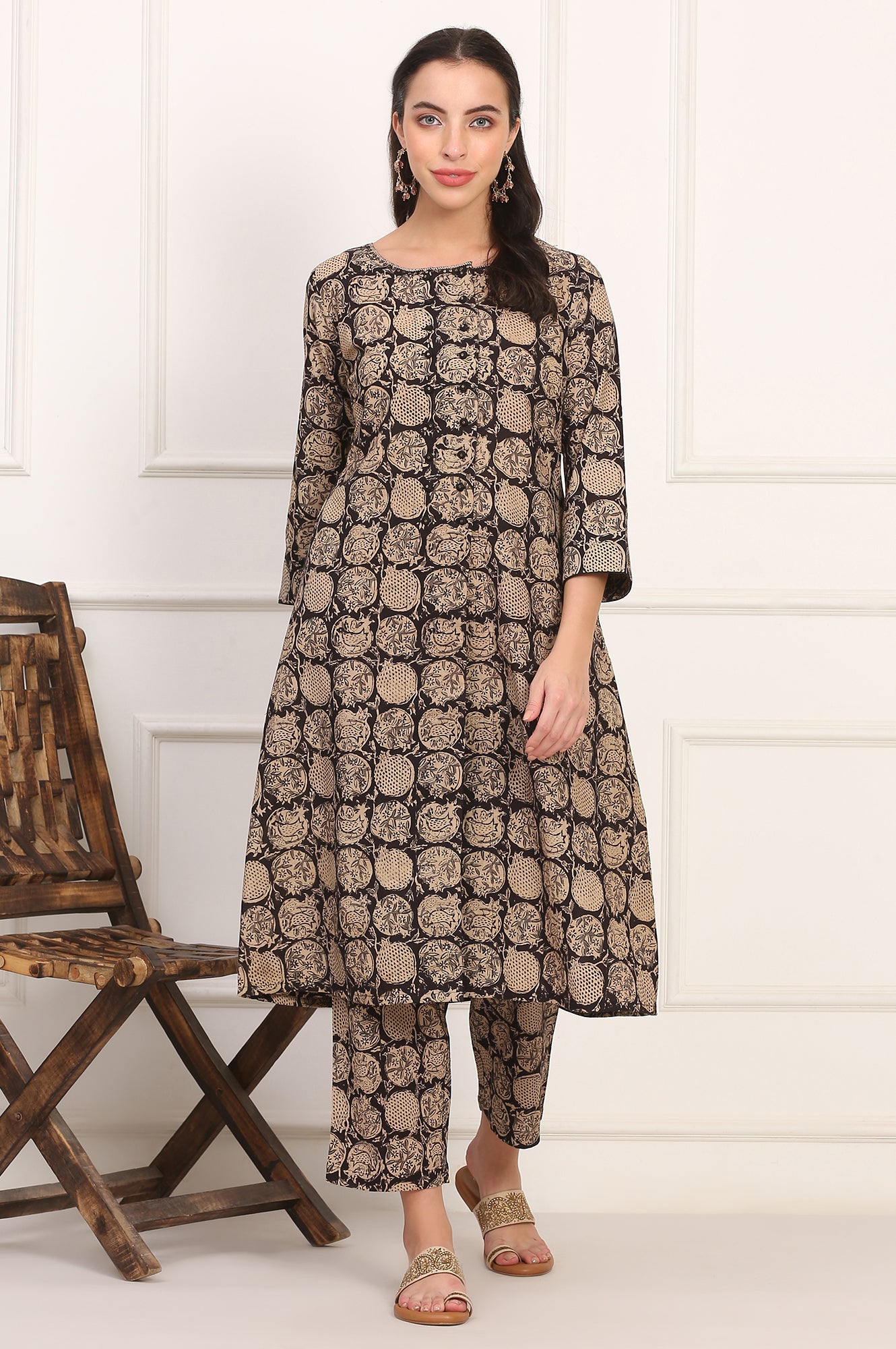 Black Kalamkari Printed Pure Cotton A-Line Kurta and Pants Co-ord Set