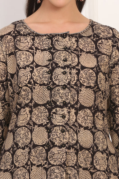 Black Kalamkari Printed Pure Cotton A-Line Kurta and Pants Co-ord Set