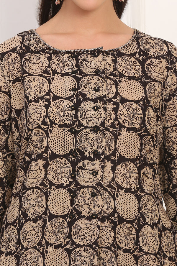 Black Kalamkari Printed Pure Cotton A-Line Kurta and Pants Co-ord Set