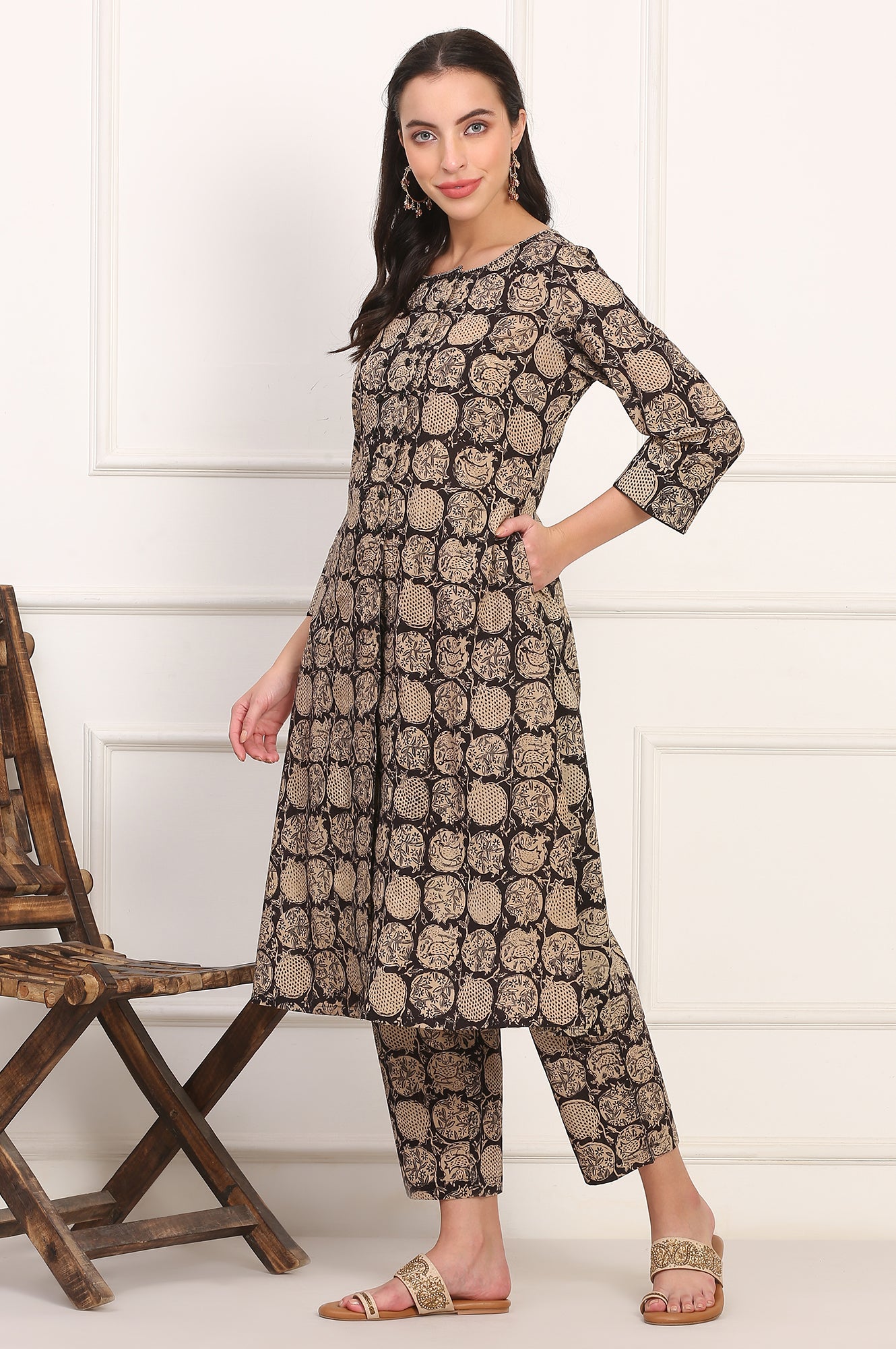 Black Kalamkari Printed Pure Cotton A-Line Kurta and Pants Co-ord Set