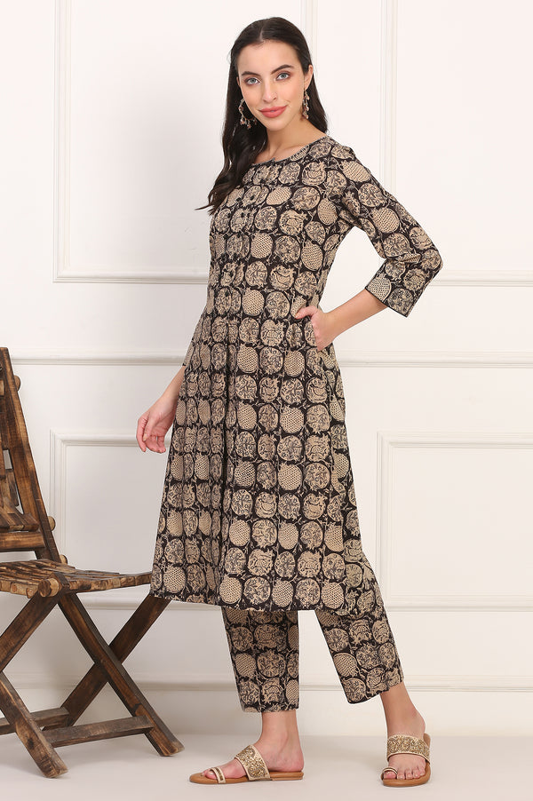 Black Kalamkari Printed Pure Cotton A-Line Kurta and Pants Co-ord Set