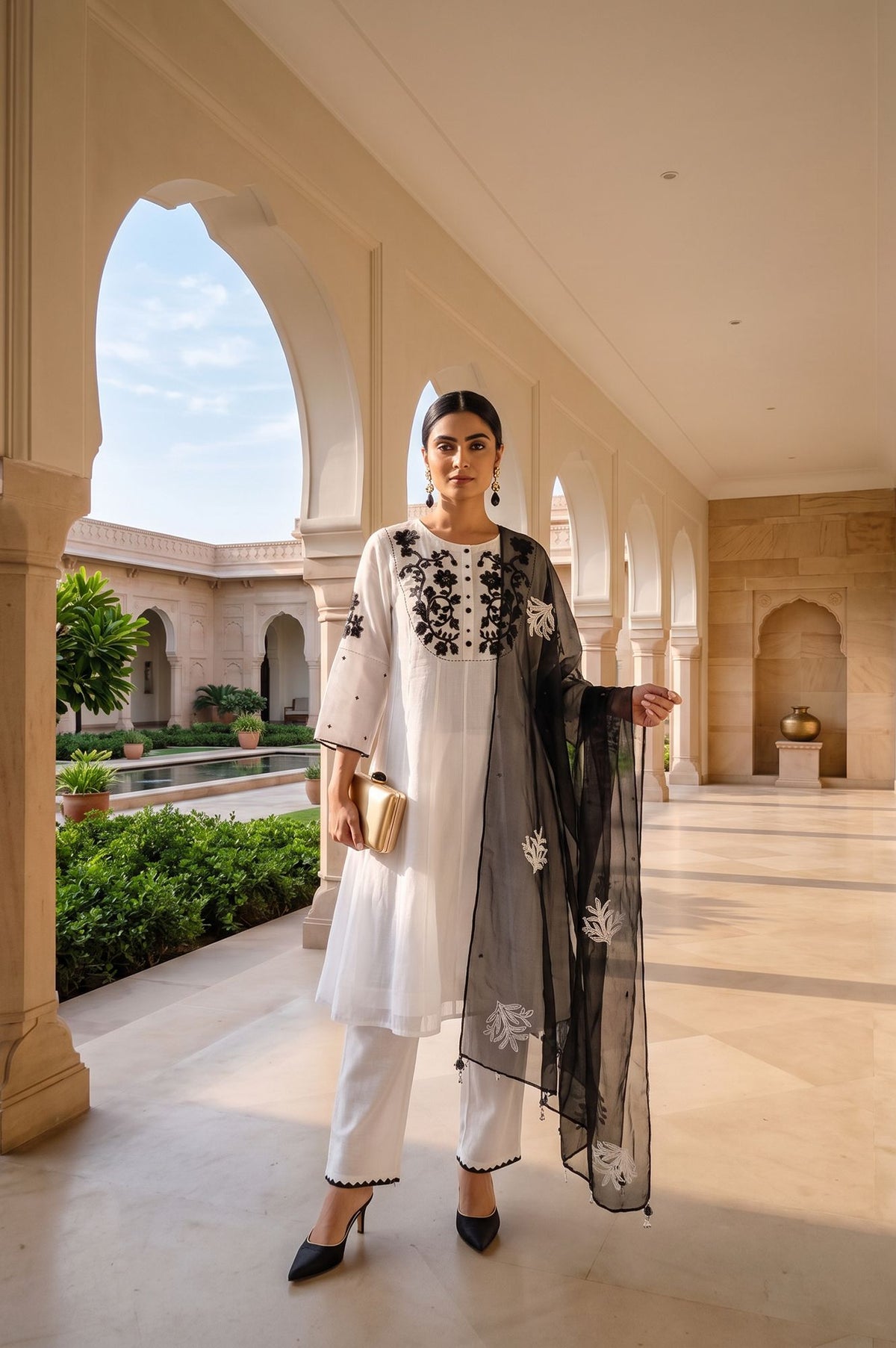 White Thread Embroidered Cotton A-line Kurta with Pants and Dupatta Set