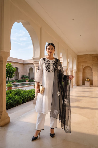 White Thread Embroidered Cotton A-line Kurta with Pants and Dupatta Set