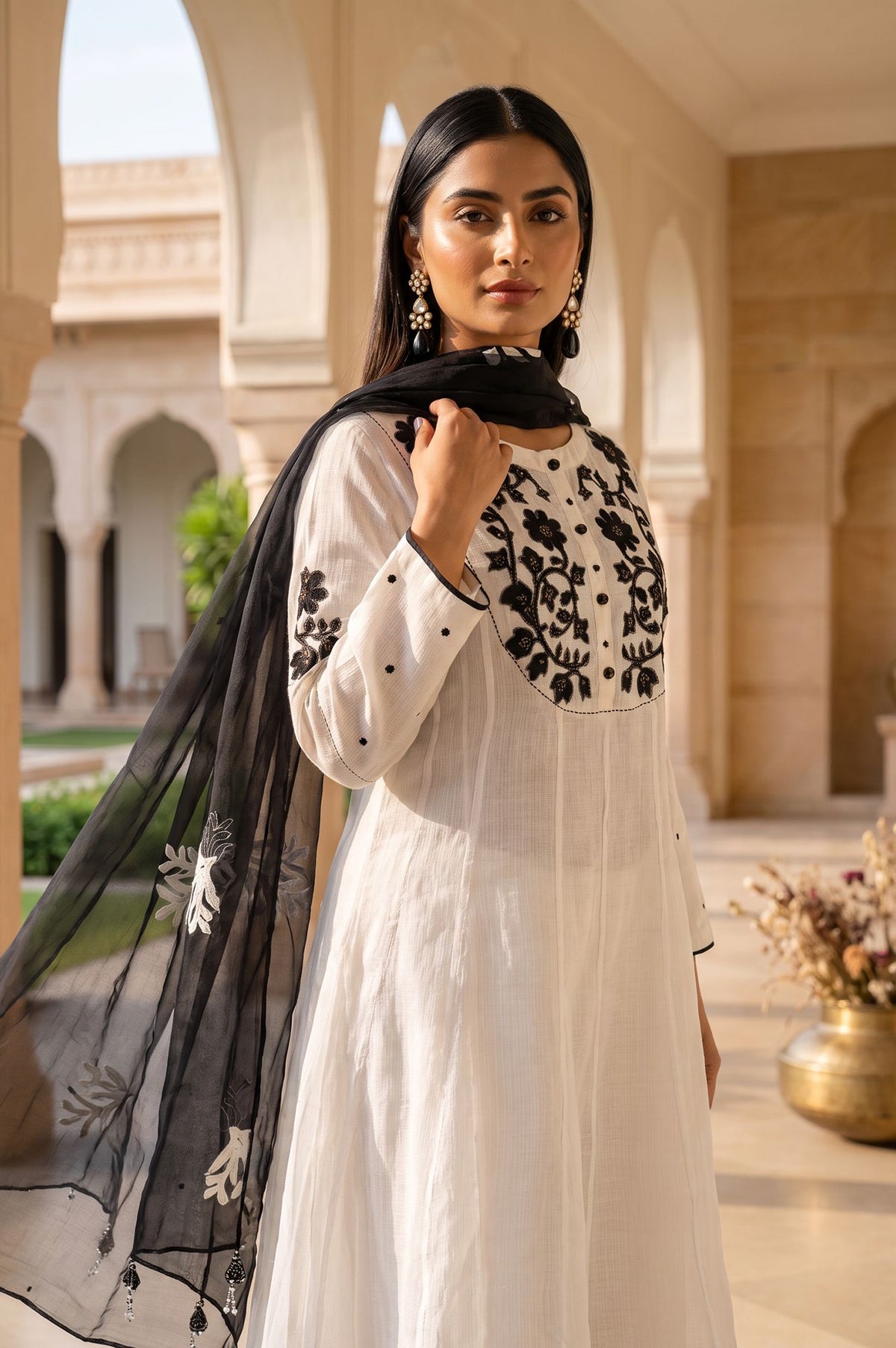 White Thread Embroidered Cotton A-line Kurta with Pants and Dupatta Set