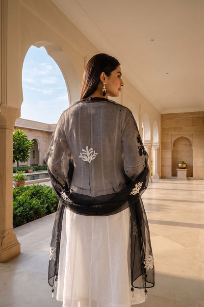 White Thread Embroidered Cotton A-line Kurta with Pants and Dupatta Set