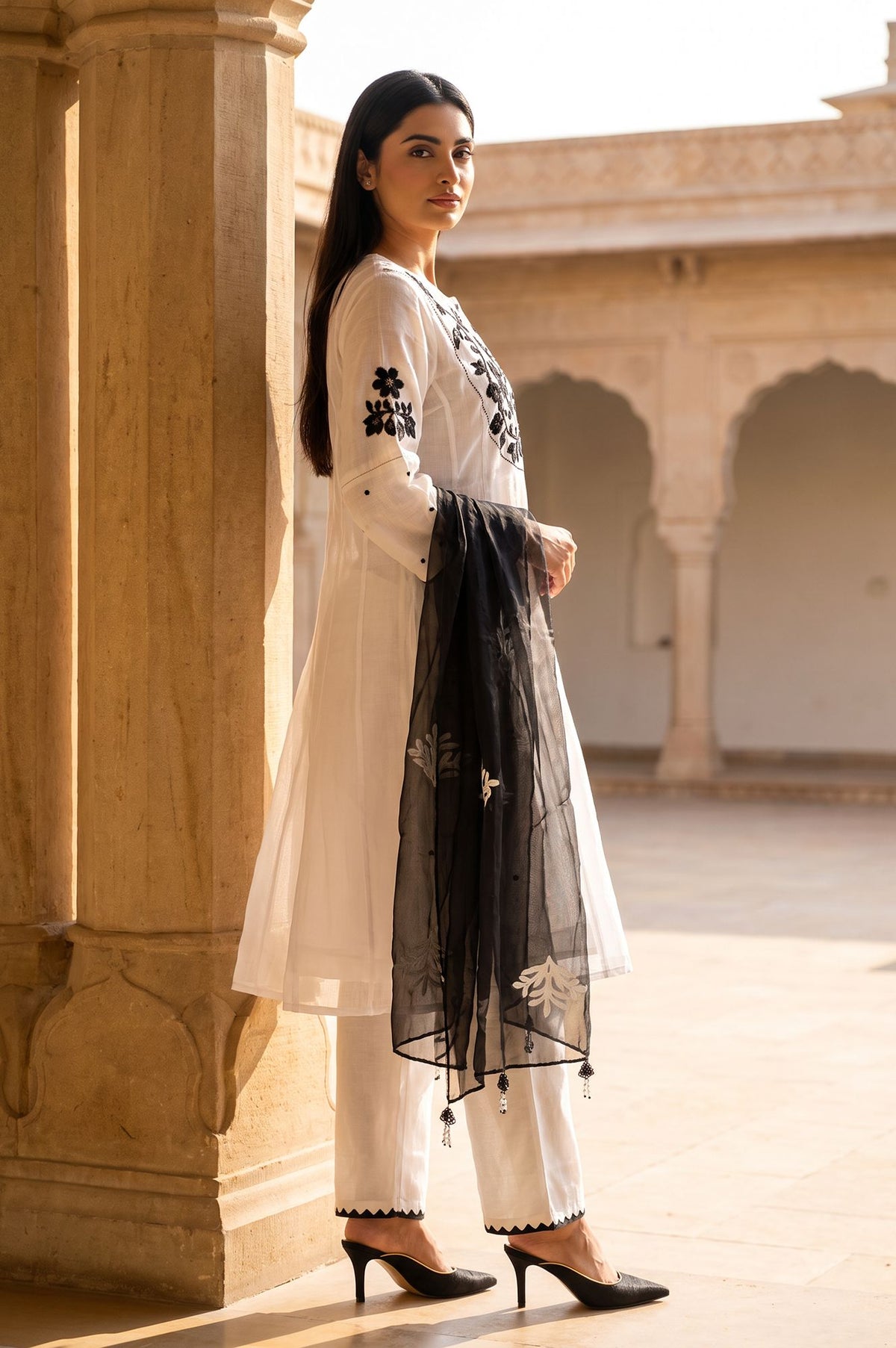 White Thread Embroidered Cotton A-line Kurta with Pants and Dupatta Set
