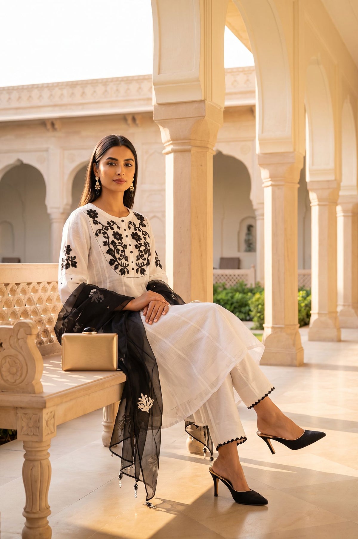 White Thread Embroidered Cotton A-line Kurta with Pants and Dupatta Set