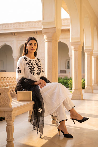 White Thread Embroidered Cotton A-line Kurta with Pants and Dupatta Set