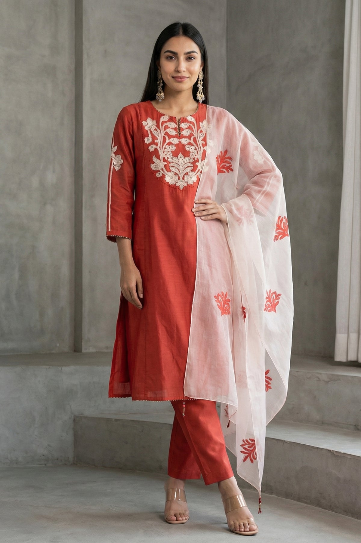 Rust Thread Embroidered Cotton Blend Straight Kurta with Straight Pants and Dupatta Set - S