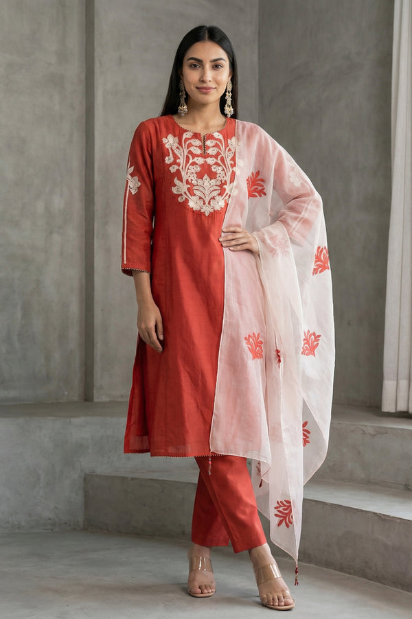 Rust Thread Embroidered Cotton Blend Straight Kurta with Straight Pants and Dupatta Set