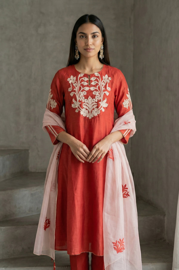 Rust Thread Embroidered Cotton Blend Straight Kurta with Straight Pants and Dupatta Set