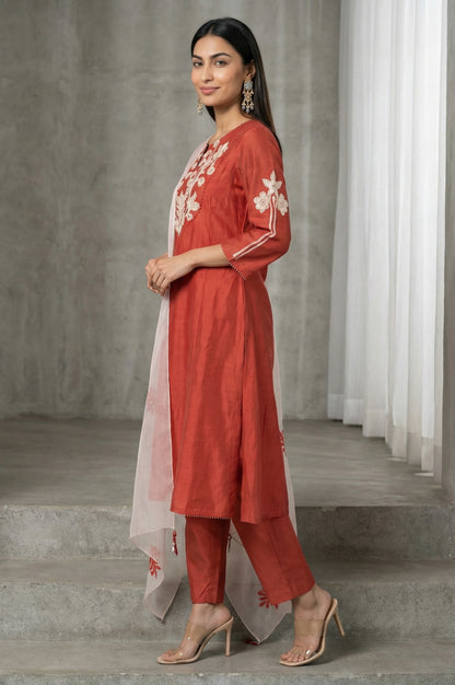 Rust Thread Embroidered Cotton Blend Straight Kurta with Straight Pants and Dupatta Set