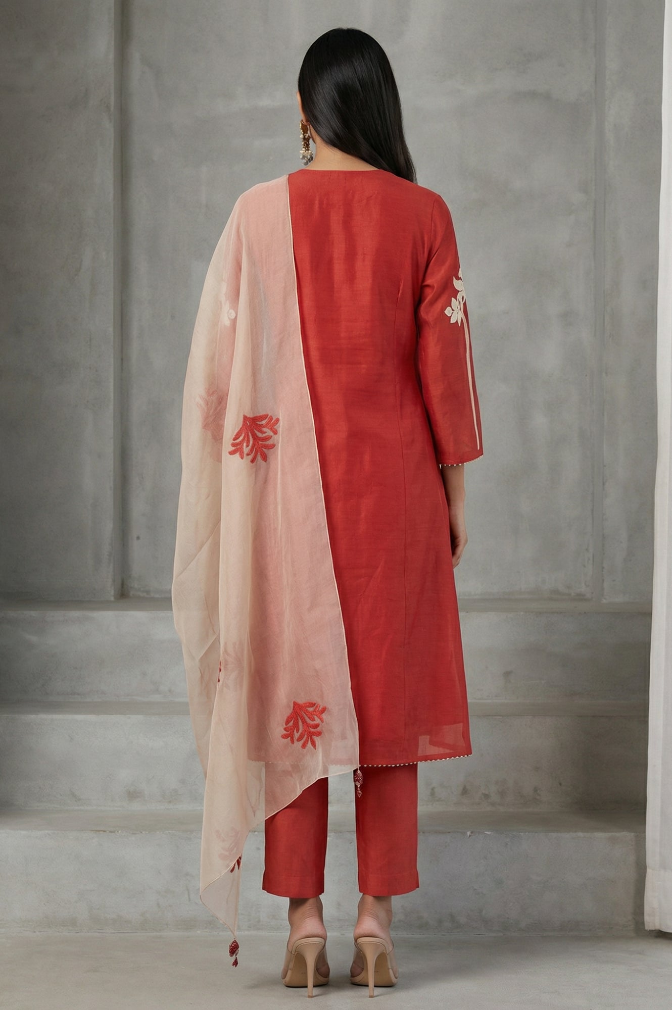 Rust Thread Embroidered Cotton Blend Straight Kurta with Straight Pants and Dupatta Set