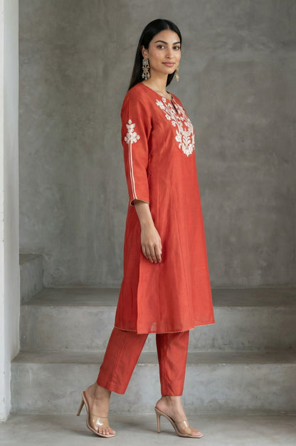Rust Thread Embroidered Cotton Blend Straight Kurta with Straight Pants and Dupatta Set
