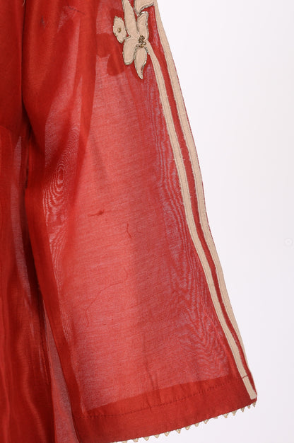 Rust Thread Embroidered Cotton Blend Straight Kurta with Straight Pants and Dupatta Set