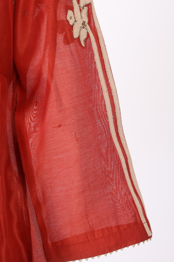 Rust Thread Embroidered Cotton Blend Straight Kurta with Straight Pants and Dupatta Set