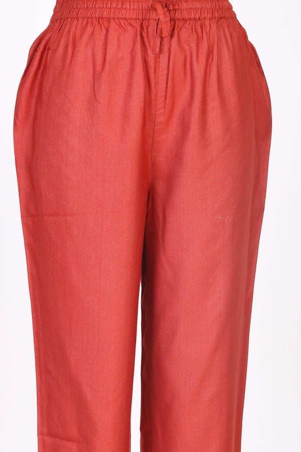 Rust Thread Embroidered Cotton Blend Straight Kurta with Straight Pants and Dupatta Set