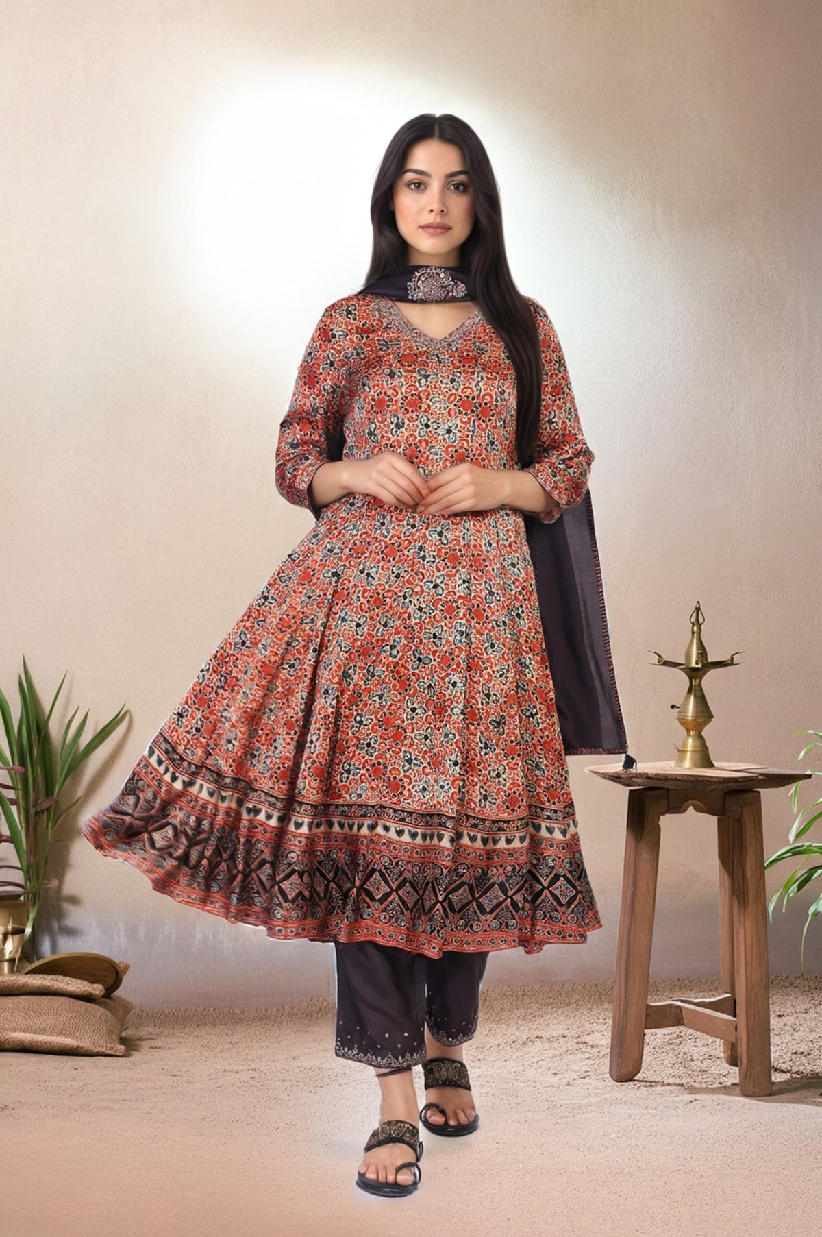 Beige Ethnic Motifs Printed Embellished Anarkali Satin Kurta with Straight Pant and Dupatta Set - S