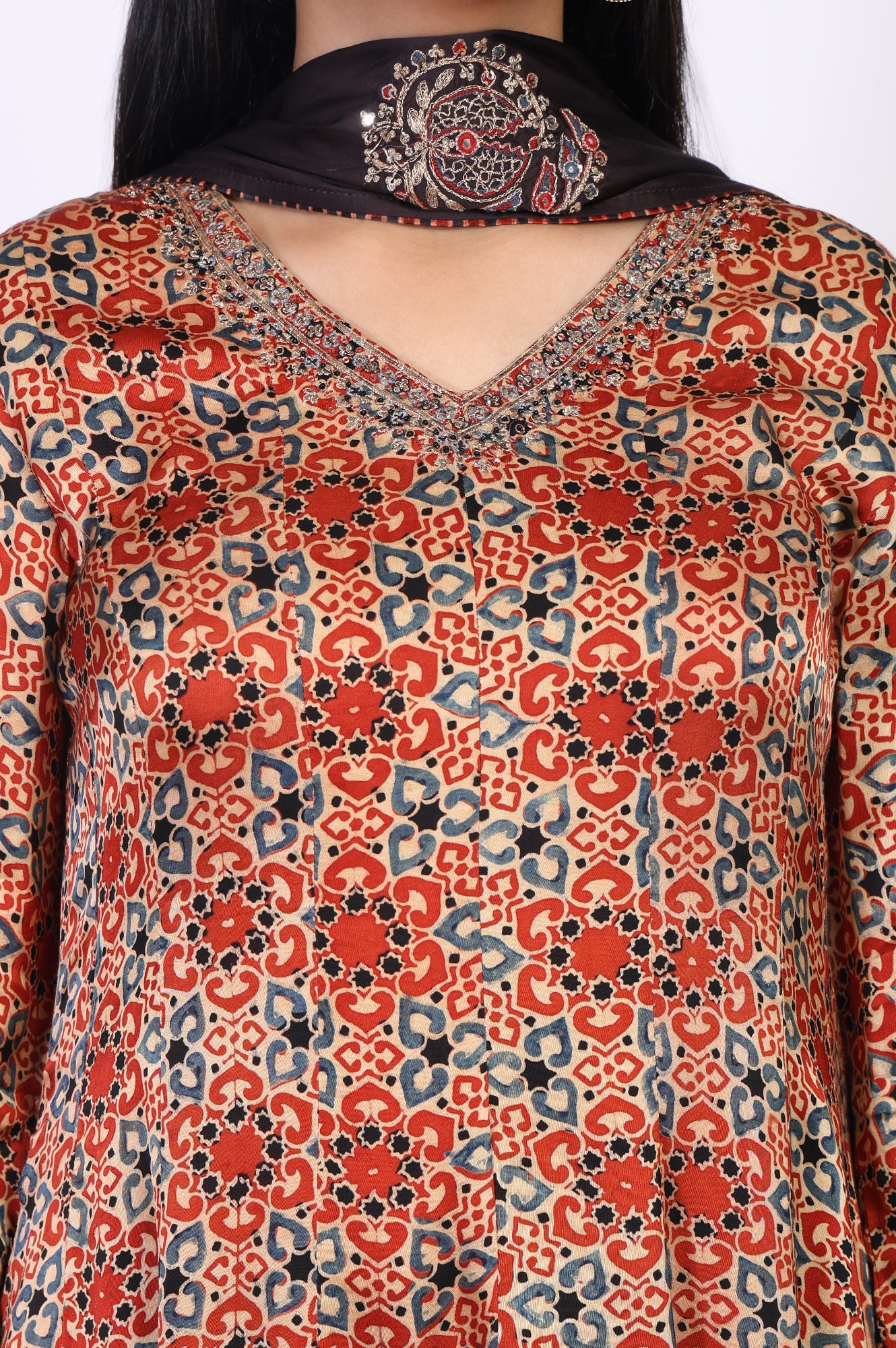 Beige Ethnic Motifs Printed Embellished Anarkali Satin Kurta with Straight Pant and Dupatta Set