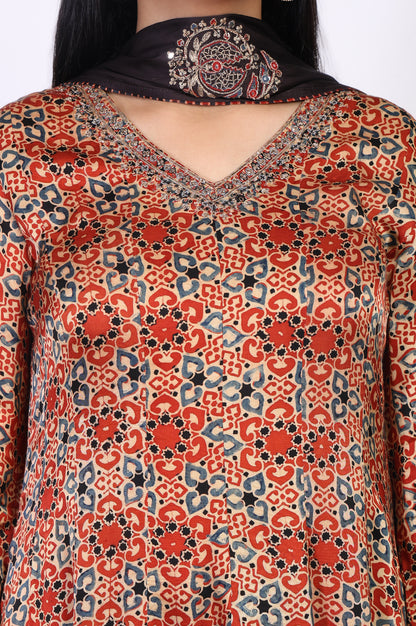 Beige Ethnic Motifs Printed Embellished Anarkali Satin Kurta with Straight Pant and Dupatta Set