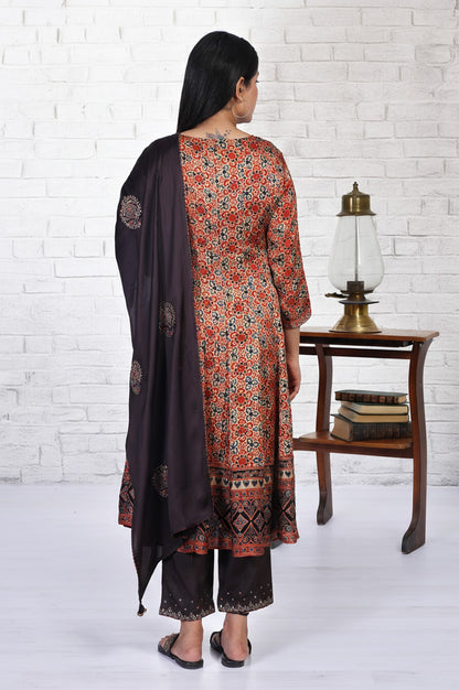 Beige Ethnic Motifs Printed Embellished Anarkali Satin Kurta with Straight Pant and Dupatta Set