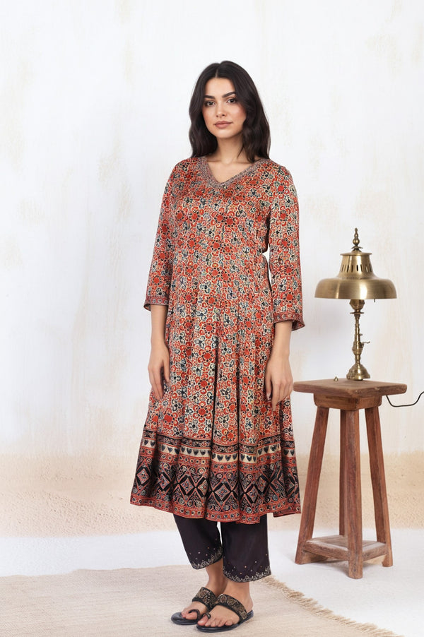 Beige Ethnic Motifs Printed Embellished Anarkali Satin Kurta with Straight Pant and Dupatta Set