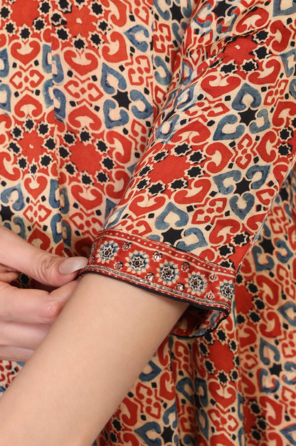 Beige Ethnic Motifs Printed Embellished Anarkali Satin Kurta with Straight Pant and Dupatta Set