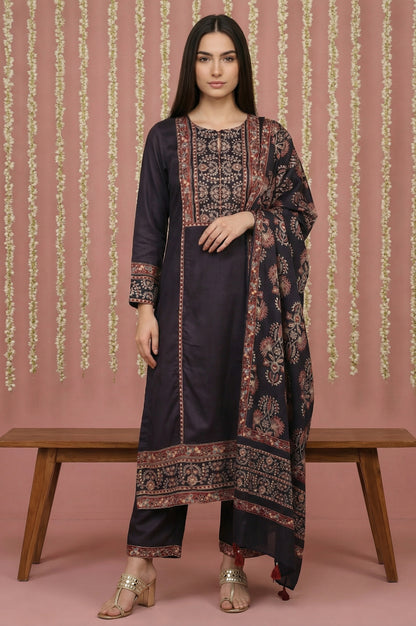 Black Floral Printed Satin Straight Kurta with Parallel Pant and Dupatta Set