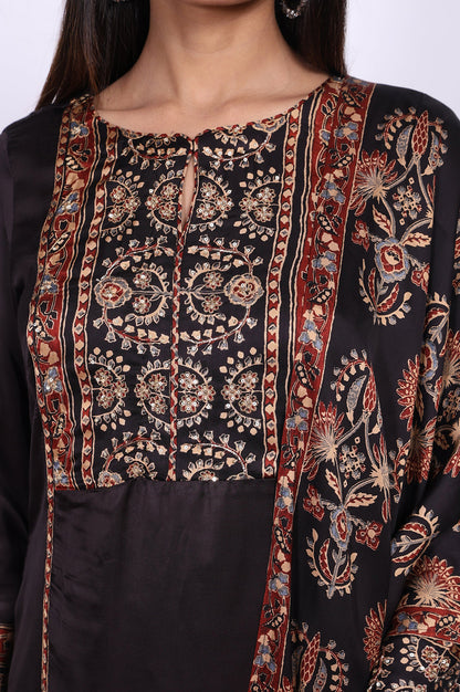 Black Floral Printed Satin Straight Kurta with Parallel Pant and Dupatta Set