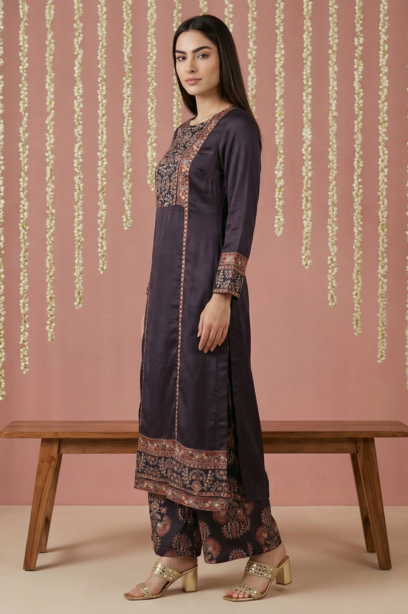 Black Floral Printed Satin Straight Kurta with Parallel Pant and Dupatta Set