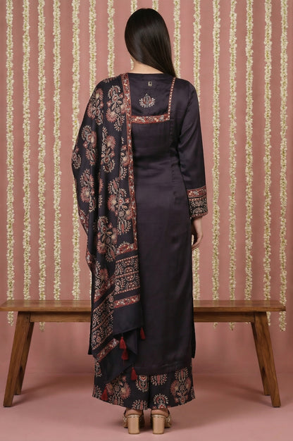Black Floral Printed Satin Straight Kurta with Parallel Pant and Dupatta Set