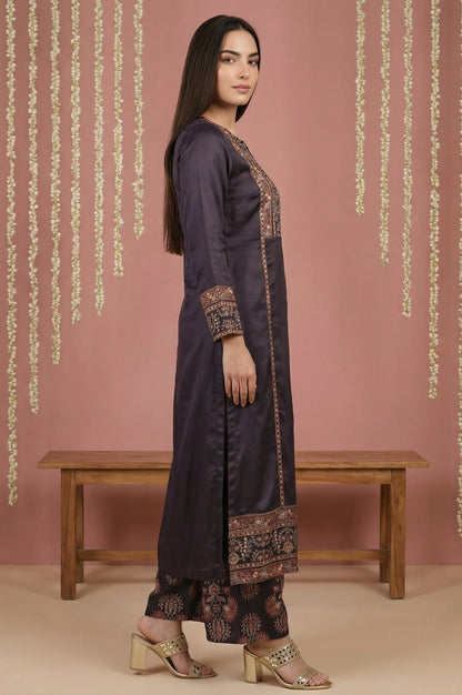 Black Floral Printed Satin Straight Kurta with Parallel Pant and Dupatta Set