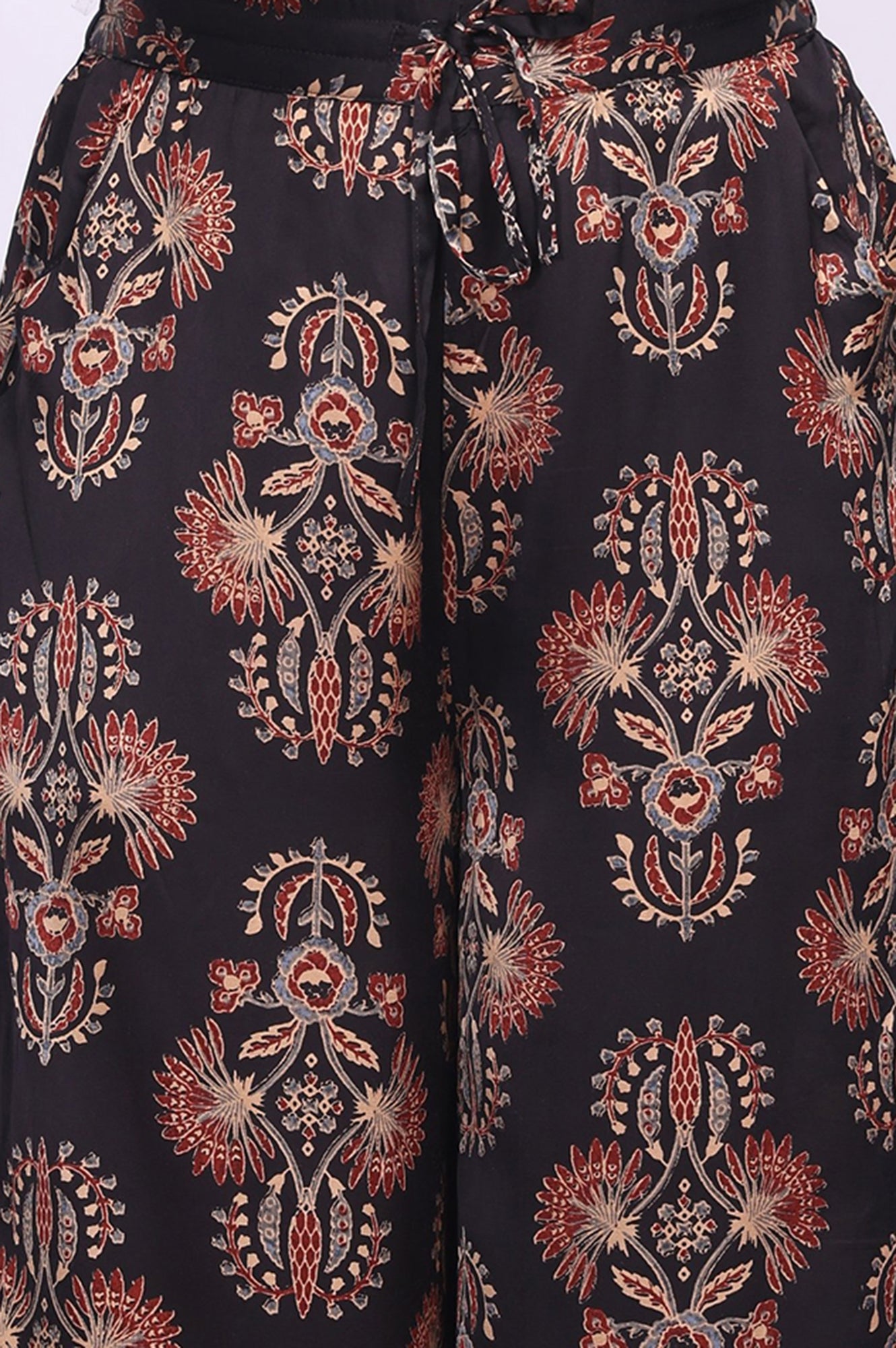 Black Floral Printed Satin Straight Kurta with Parallel Pant and Dupatta Set