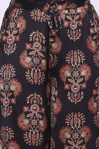 Black Floral Printed Satin Straight Kurta with Parallel Pant and Dupatta Set