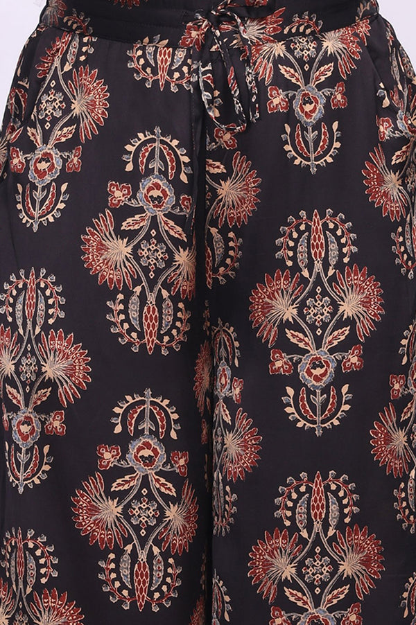 Black Floral Printed Satin Straight Kurta with Parallel Pant and Dupatta Set