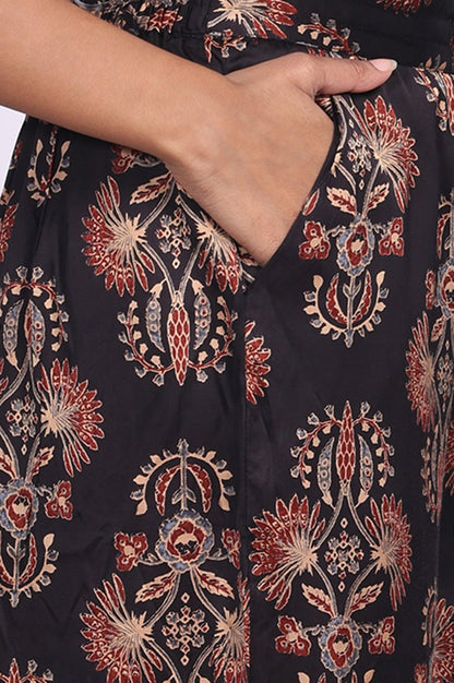 Black Floral Printed Satin Straight Kurta with Parallel Pant and Dupatta Set