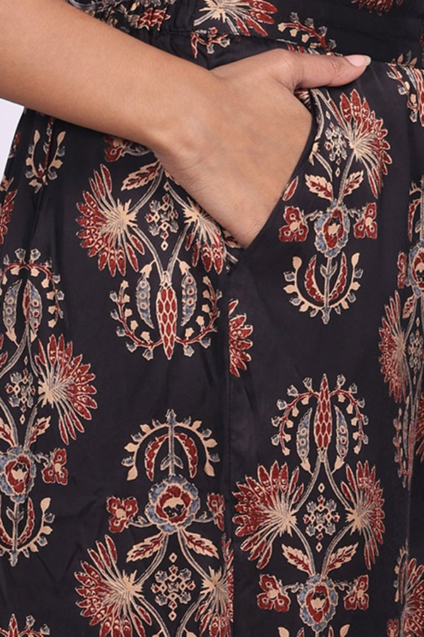 Black Floral Printed Satin Straight Kurta with Parallel Pant and Dupatta Set