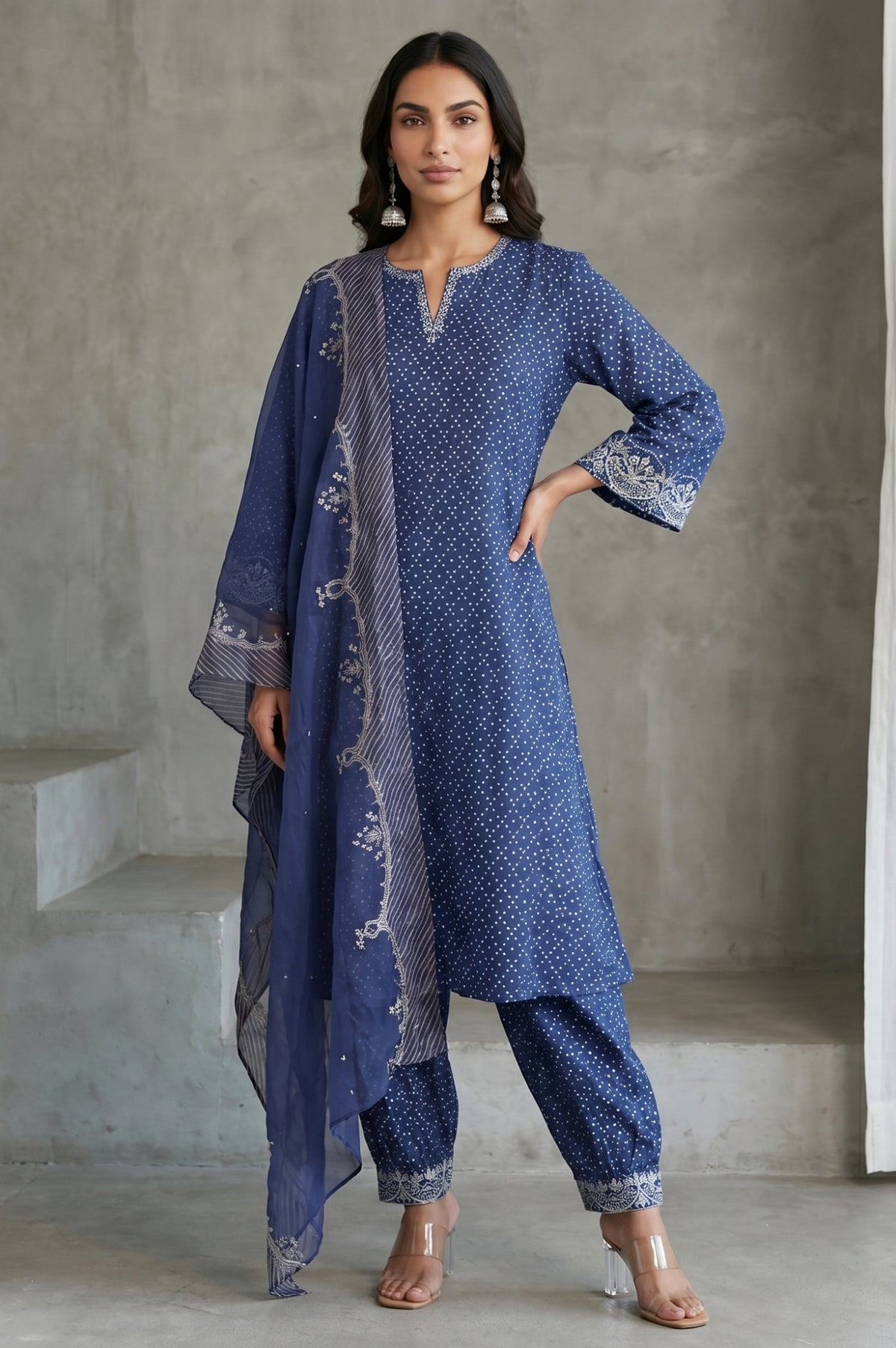 Navy Blue Block Printed Modal Satin Straight Kurta with Salwar and Dupatta Set - XS