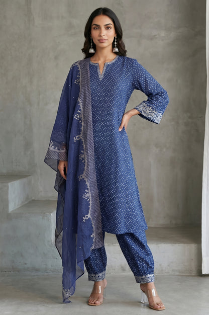 Navy Blue Block Printed Modal Satin Straight Kurta with Salwar and Dupatta Set
