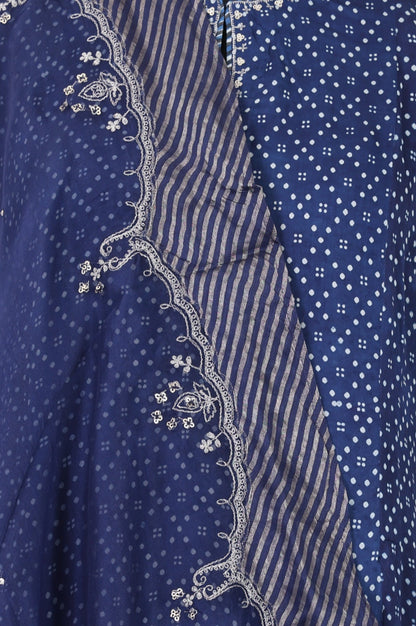 Navy Blue Block Printed Modal Satin Straight Kurta with Salwar and Dupatta Set