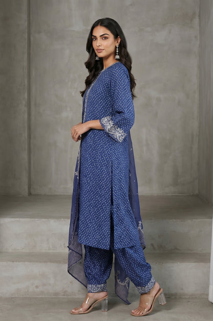Navy Blue Block Printed Modal Satin Straight Kurta with Salwar and Dupatta Set