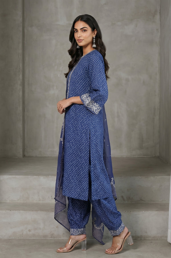 Navy Blue Block Printed Modal Satin Straight Kurta with Salwar and Dupatta Set
