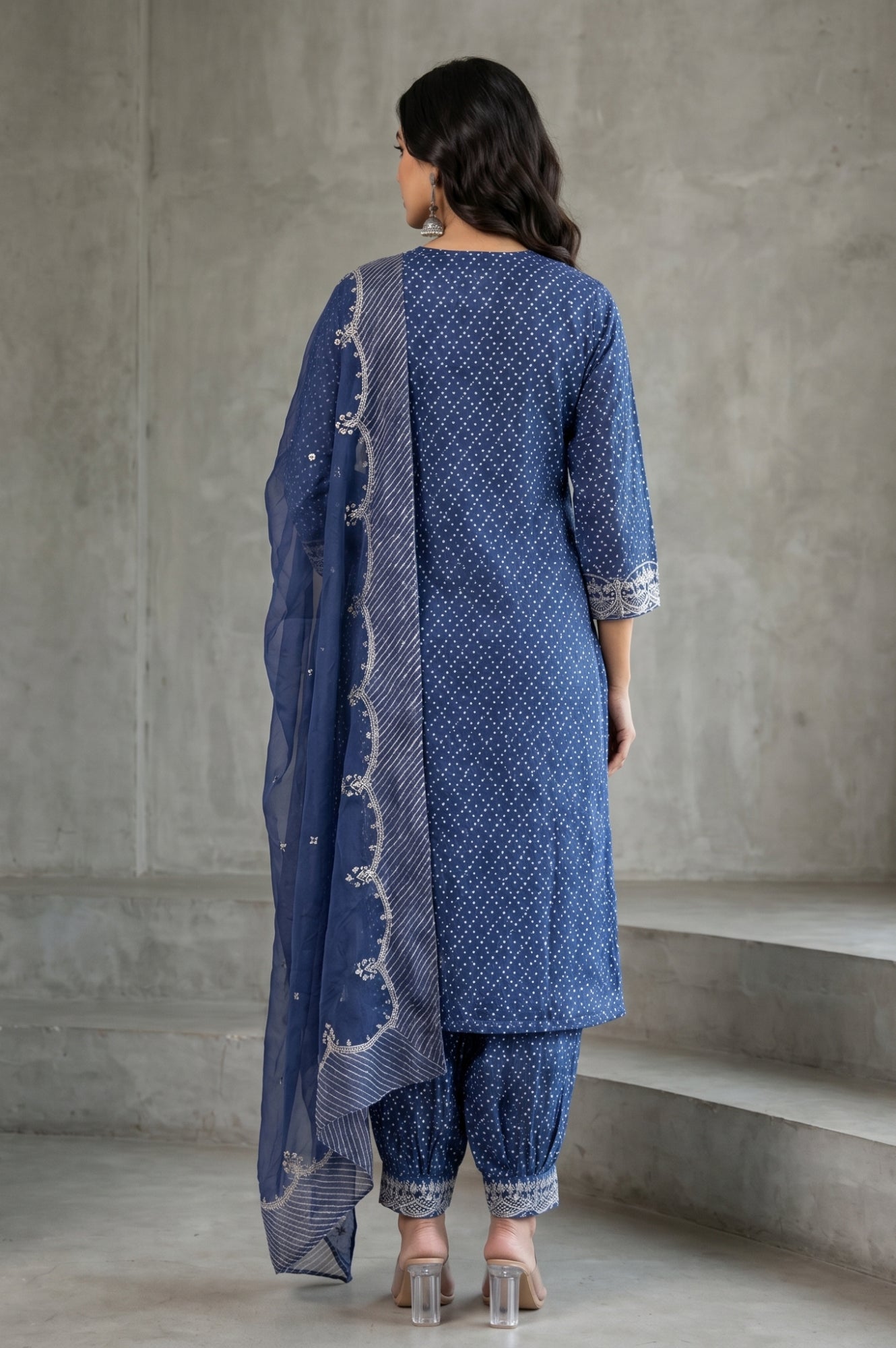 Navy Blue Block Printed Modal Satin Straight Kurta with Salwar and Dupatta Set