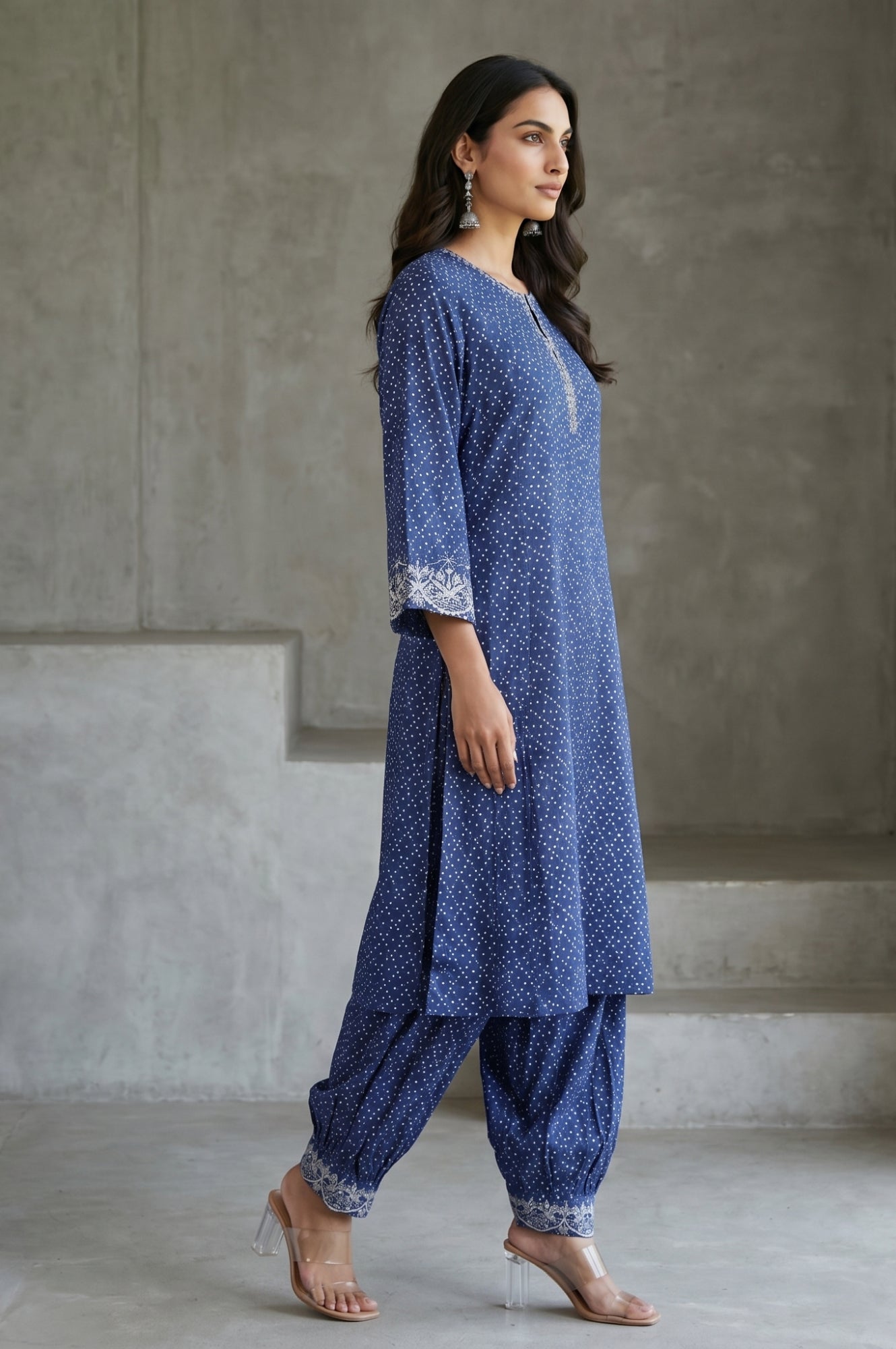 Navy Blue Block Printed Modal Satin Straight Kurta with Salwar and Dupatta Set
